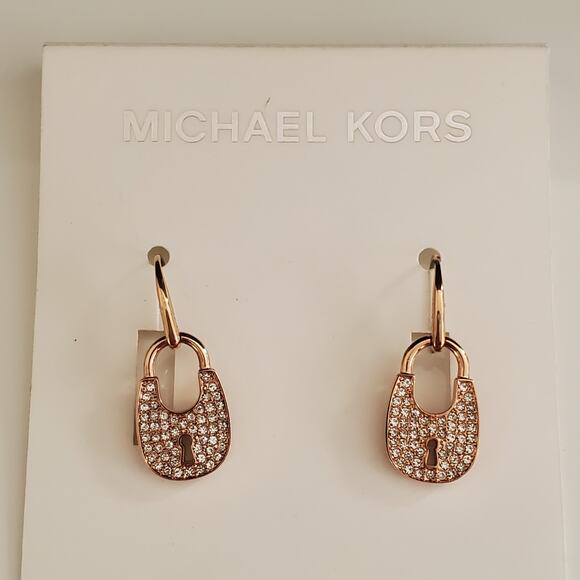 Michael Kors‎ Heritage Rose Gold Tone Pave Crystal Padlock Drop Earrings NWT - Picture 1 of 7